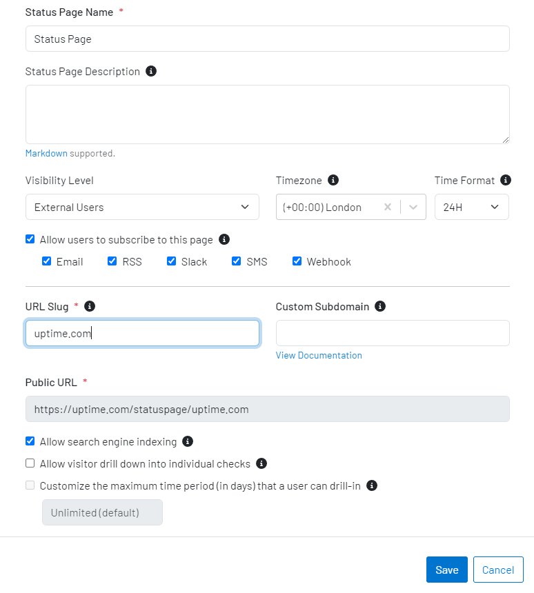 Status Page Forms and Fields – Uptime.com
